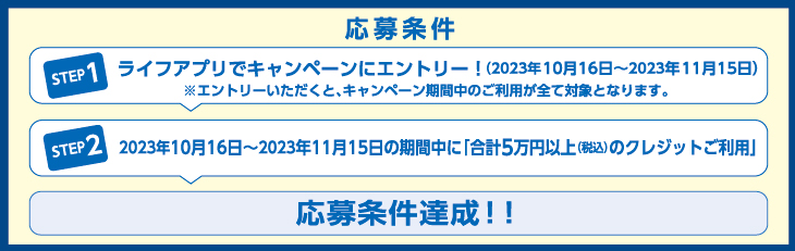 応募条件 Step1 ライフアプリから本キャンペーンにエントリー(2023年10月16日~2023年11月15日)*1 / Step2 2023年10月16日~2023年11月15日の期間中に合計5万円(税込)以上のクレジット利用